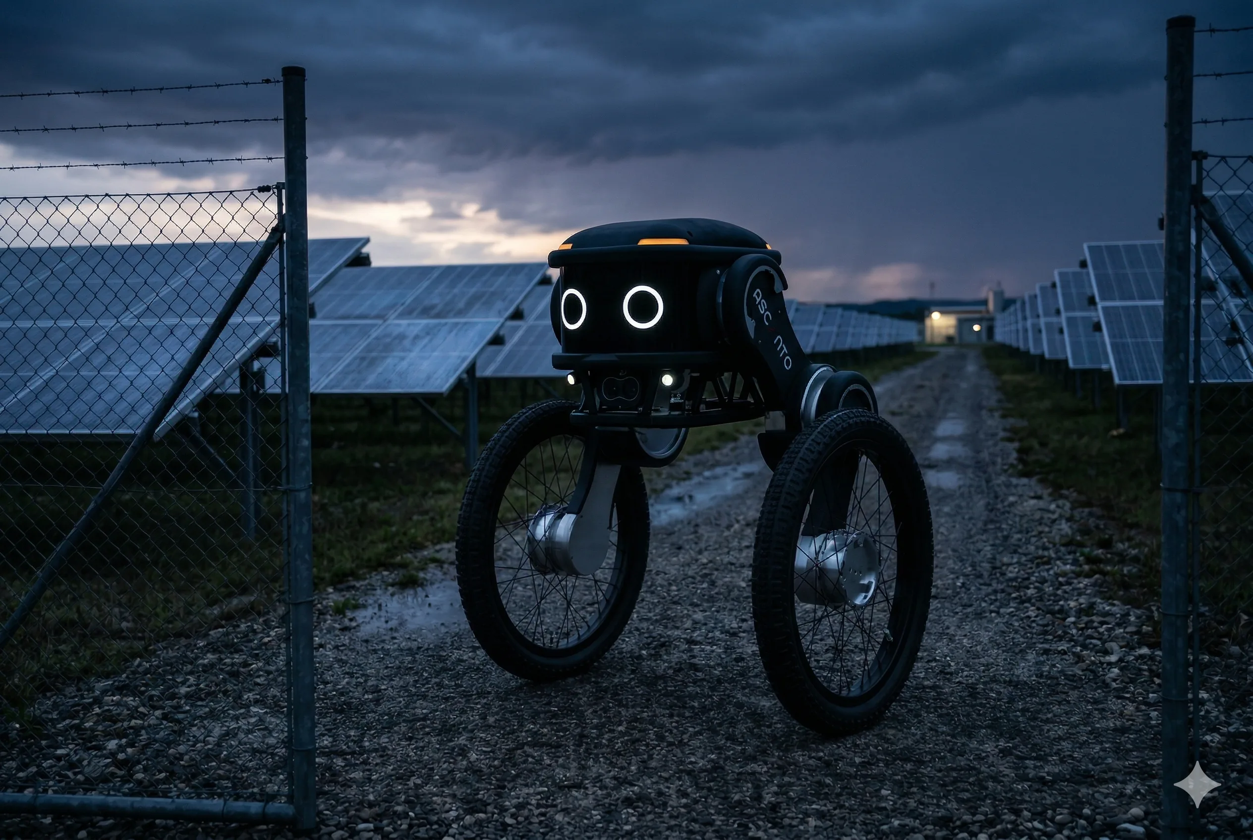 Ascento Guard 2.0 autonomer Sicherheitsroboter patrouilliert aktiv auf einem Außengelände – physische Präsenz als Einbruchabschreckung