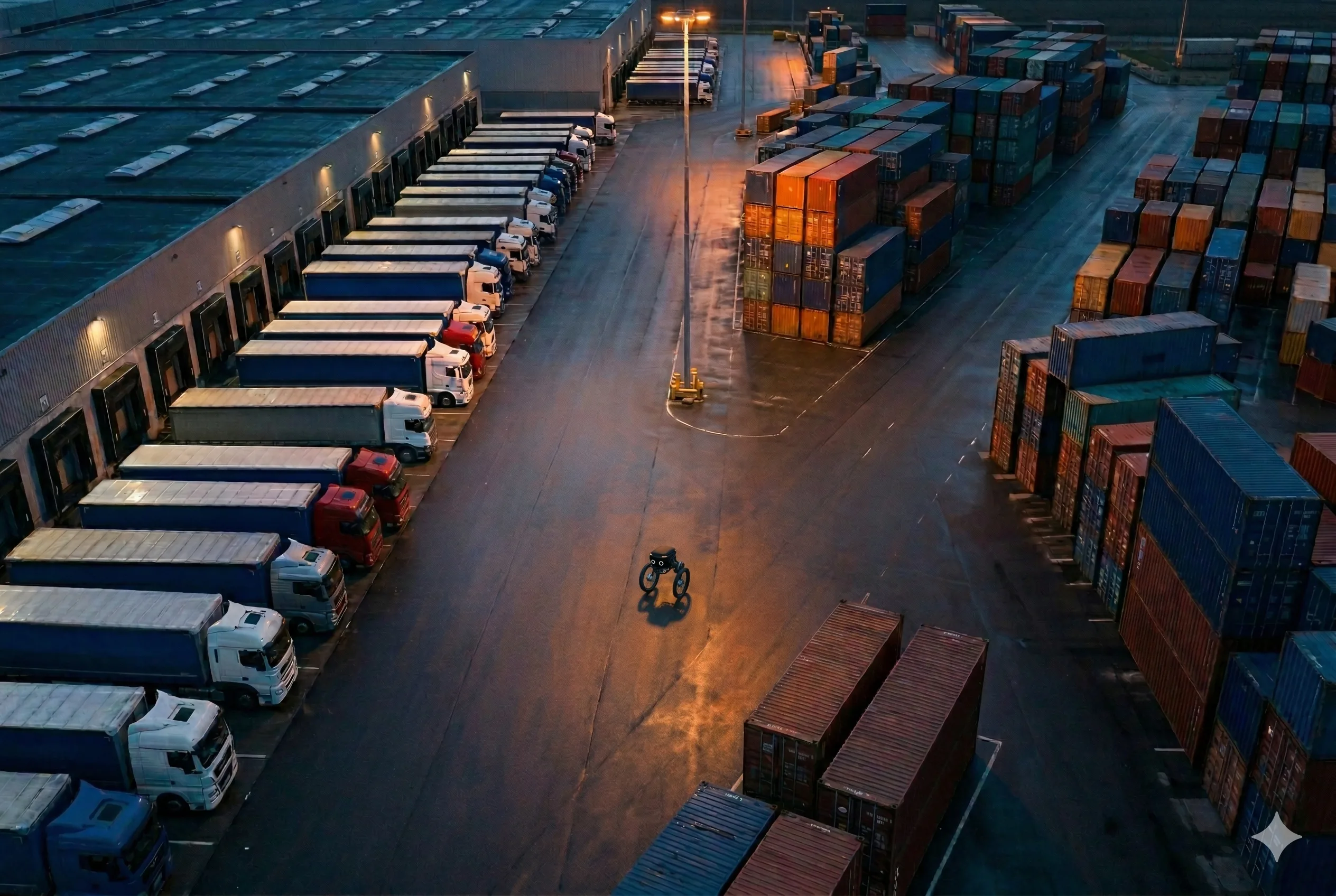 Autonomer Sicherheitsroboter patrouilliert nachts in einem Logistikzentrum – 24/7-Außensicherheit für Lagerhallen und Distributionszentren ohne Personalengpass